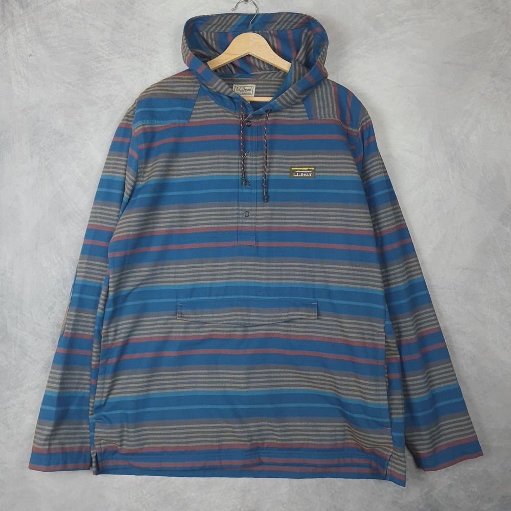 LL Bean Flannel Anorak Jacket Mens Large Tall Blue Performance Hooded Pullover